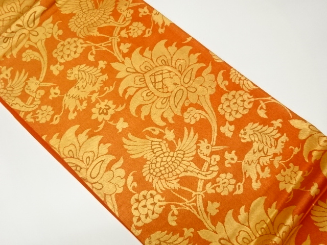 Woven pouch obi with floral arabesque pattern on birds and beasts
